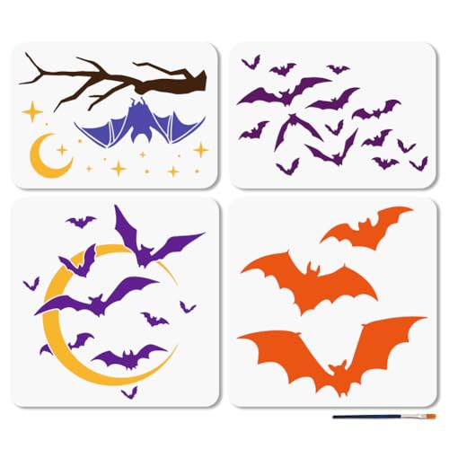 MAYJOYDIY 4 Stück Halloween Fledermaus Mond Schablonen Wiederverwendbare Fledermaus Schwarm Schablone Zum Malen Zweige Zeichenvorlagen Mit Pinsel Für Wand Boden Holz Und Papierdekoration