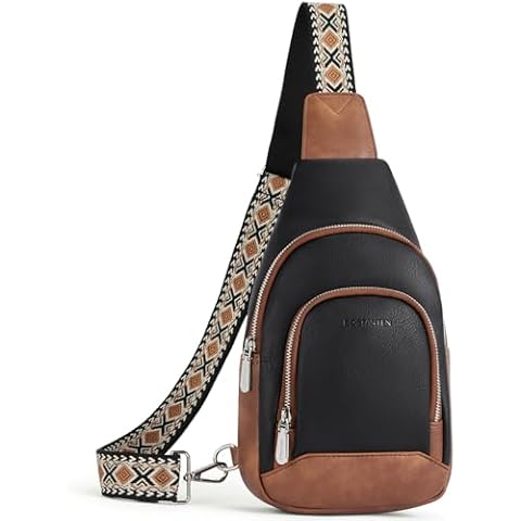 BOSTANTEN Sling Bag for Women Crossbody Purse Cross body Bag Leather Chest Bag with Removable Guitar Strap, Black and Brown Cover