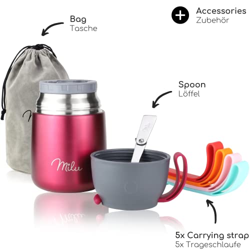 Image of Milu Thermal Container for Food 450 ml, Stainless Steel Warming Container with Spoon, Thermal Mug Food, Thermal Lunch Box for Children, Adults, Thermobox Soups, Baby Porridge, Food Container Berry