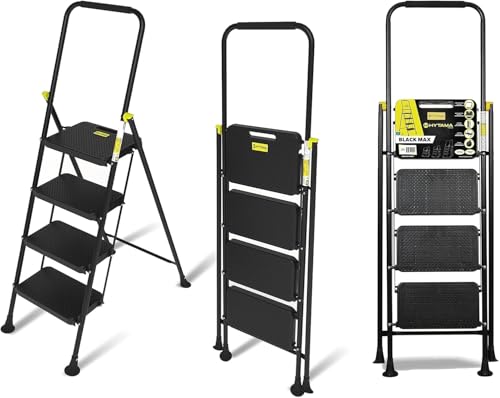 Black Max Escabeau pliable en acier léger avec mains courantes, verrouillage de sécurité, pédales antidérapantes, échelle pour cuisine, garage, maison, gain de place, robuste et portable, maximum 150