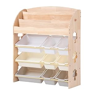 Donext おもちゃ収納ラック 子ども用家具 木製 絵本棚 幅83×奥行30×高さ94cm 大容量 収納ケース9個付き 階層型シェルフ 絵本ラック 天然木 組立カンタン こども キッズ 入学 入園 新生活 出産祝い プレゼント ナチュラル
