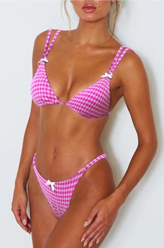 Image of Women's Sexy Thong Bottom Two Piece Bikini Double Shoulder Straps Cute Swimsuit Triangle Bathing Suit