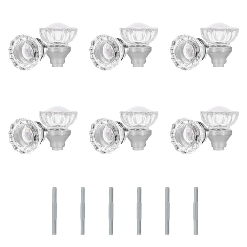 Image of 6 Pack Clear Crystal Door Knobs Privacy or Passage Function,Octagonal Diamond Glass Interior Knob with Spindle Satin Nickel Finished