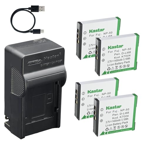 Kastar 4-Pack Battery and AC & USB-C Charger, Compatible with Fujifilm NP-50 NP-50A F770EXR F850EXR F900EXR X20 XP200 XF1, Pentax D-LI68 D-LI122 Optio Q10 Q-S1 VS20, SiOnyx Aurora Night Vision Camera
