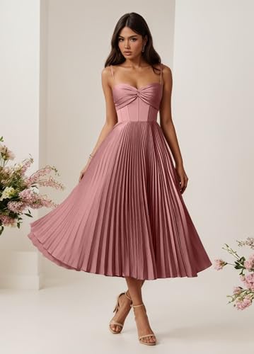 Tea Length Pleated Bridesmaid Dresses for Women Satin A Line Midi Sleeveless Formal Party Gowns3