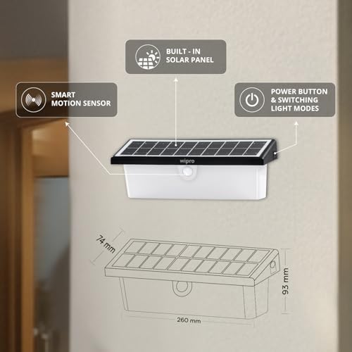 Image of Wipro Garnet Motion Sensor Solar Wall Light SW01 | 6 in 1 modes | Color Changing(Warm & Cool White) | Auto ON (Night) & OFF (Day) | IP65 | Outdoor Light for Home, Balcony, Patio, Stairs, Garden | Pk 1