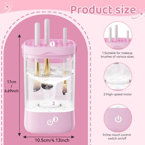 Makeup Brush Cleaner, Electric Makeup Brush Cleaner, Deep Cleansing Brush/Sponge, Compatible with Multiple Sizes (5-35mm), IPX7 Waterproof and Silent, Home/Travel Portable Cleaner Set (Pink) - Image 6