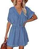 LookbookStore Chambray Dress Women Elastic Waist Dress for Women Light Blue Plus Size Cocktail Dresses for Women Vestidos De Verano para Mujer Denim Outfits Size XX-Large Size 20 22