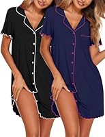 Ekouaer 2er Nachthemd Damen Kurzarm Sommer Schlafshirt V-Ausschnitt Stillnachthemd mit Knopfleiste Atmungsaktiv Sleepshirts Nachtwäsche mit Brusttasche Schwarz/Marineblau L