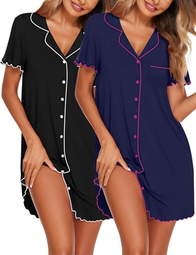 Ekouaer 2er Nachthemd Damen Kurzarm Sommer Schlafshirt V-Ausschnitt Stillnachthemd mit Knopfleiste Atmungsaktiv Sleepshirts Nachtwäsche mit Brusttasche Schwarz/Marineblau L