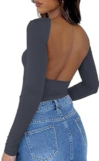 ForeFair Women Sexy Backless Short Sleeve Slim Fit Crewneck Summer Casual Y2K Crop Tee