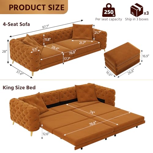Image of KEIKI 97.7 inch Convertible Sleeper Sofa Bed, 3 in 1 Pull Out Sofa Bed, 4-Seater Button Tufted Couch with Movable Ottoman for Living Room, Bedroom, Apartment, Orange