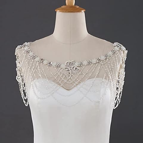 Yedaoiu Luxury Rhinestone Crystal Cape Chain Pearl Body Chain Fashion Shoulder Necklace Jewelry Chain Drawstring Beaded Tassel Collar Long Costume for Ladies,Silver Cover