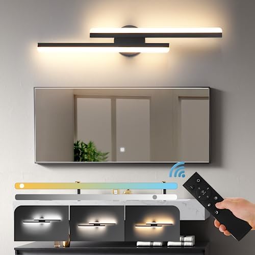 HITOO 28inch Bathroom Vanity Light with Remote Control Dimmable 3 Colors Changeable, Modern Black LED Bathroom Vanity Light fixtures, for Bathroom, Mirror, Living Room, Hallway