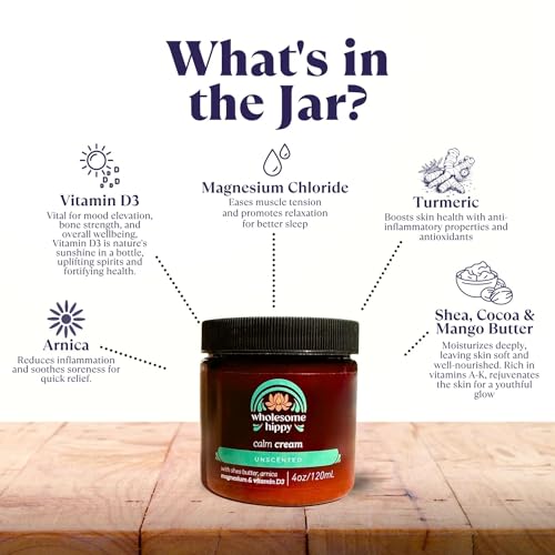Wholesome Hippy Naturals Wholesome Hippy Calm Cream – All Natural Body Butter with Magnesium, Vitamin D3, Shea, Arnica & Turmeric – Vegan Moisturizer for Sensitive Skin & Self-Care – 4oz