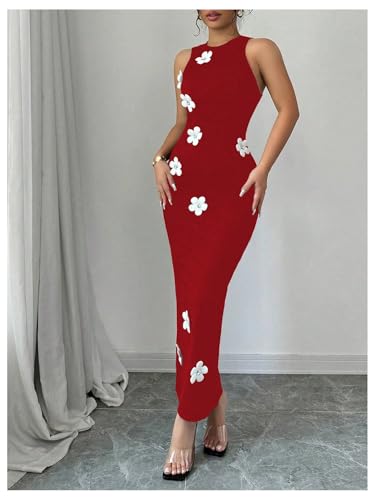 Image of GORGLITTER Women's Long Maxi Dresses 3D Floral Crewneck Sleeveless Knit Bodycon Wedding Guest Sun Dress 2025