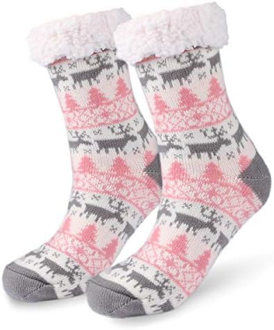 Slipper Socks, Winter Ladies Non Slip Fleece Lined Slipper Socks, Soft Cotton Knitted Sock for Women Girls Christmas Xmas Gift Indoor, One Size