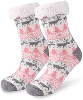 Slipper Socks, Winter Ladies Non Slip Fleece Lined Slipper Socks, Soft Cotton Knitted Sock for Women Girls Christmas Xmas Gift Indoor, One Size