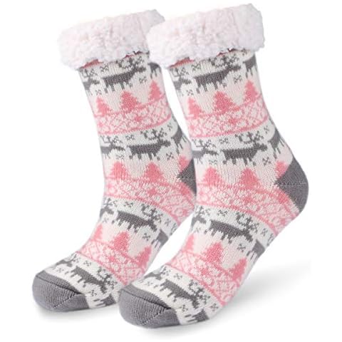 Slipper Socks, Winter Ladies Non Slip Fleece Lined Slipper Socks, Soft Cozy Cotton Knitted Sock for Women Girls Christmas Xmas Gift Indoor Cover