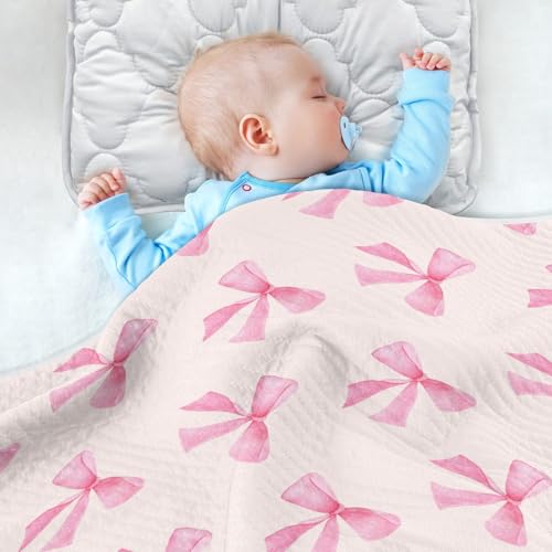 Image of Pink Bow Baby Blanket Cotton Cozy Throw Blanket Warm Nursery Swaddle Receiving Toddler Blankets 30 inch x 40