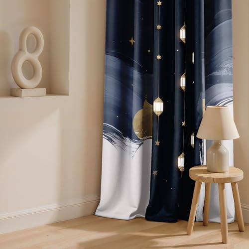 Image of Ultimate Trends Festival Themed Light Filtering Polyester Curtain Lanterns & Crescent Moon Print | Ideal for Festivals, Living Room Dcor | Eyelets|, 8 FEET (Pack of 1)