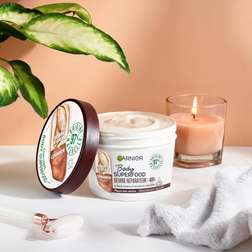 Garnier - Body Superfood - Crème Soin Corps Réparatrice - Hydratation 48H - Formule Vegan & à 97% d'Origine Naturelle - Au Beurre de Cacao & Céramide - Pour Peaux Sèches - 380 ml