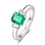 RDSGYZ Emerald Ring for Women Platinum, Wedding Rings 3 Stones with Emerald 1ct and Diamond 0.2ct Anniversary Engagement Ring Size U 1/2