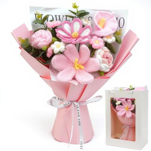AIGOCITY Ramo de flores de malha de croché de rosas para decoração de casa, aniversários, casamentos, aniversários, dia da mãe com saco de presente e cartão de felicitações, rosa