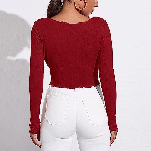 Ruched Drawstring Front Top, Frill Trim Pure Color Casual T Shirt 