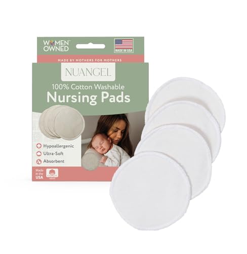 NuAngel 100% Cotton Washable Nursing Pads for Breastfeeding, Reusable & Breathable Leak Protection – 4 Pack (Natural)