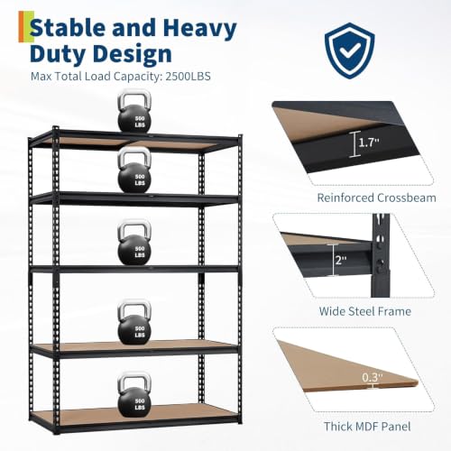 Image of Garage Shelving Heavy Duty Storage Shelves 2000Lbs Capacity, 5 Tier Adjustable Metal Shelving Unit 48 inch W x 24 inch D x 72 inch H, Industrial Utility Rack for Kitchen Pantry