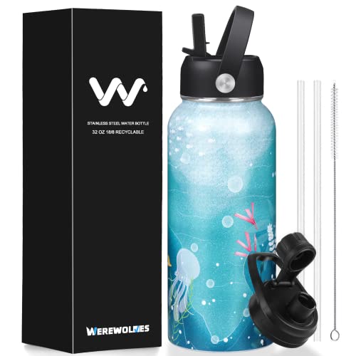 Werewolves 32Oz Personalized Insulated Water Bottle With Straw & Spout Lid, Stainless Steel Metal Bottles, Reusable Vacuum Leak Proof Wide Mouth Bottles For Adults (Marine Life-Without Handle, 32Oz) #TOP18
