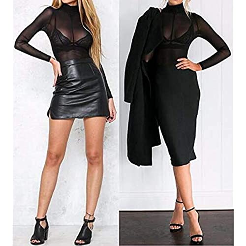 Womens Sheer Mesh Tops Shirts, Long Sleeve Mock Neck See-Through Slim Ladies Blouse T-Shirt Clubwear Black by YOXUA - Used condition - Image 3