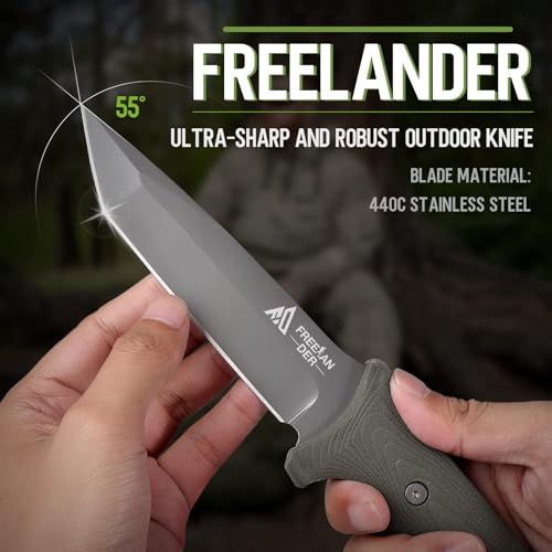 Foto von Freelander Outdoor Messer Survival, Jagdmesser Feststehende Klinge aus 440C-Stahl, Bushcraft Messer Full Tang, mit Scheide, Überlebensmesser für Camping, Wandern und Angeln