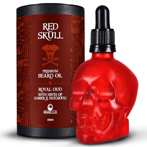 Beard Club Aceite para barba craneo Rojo 60 ml - Aceite para barba perfumado Oud para hombres - Suavizante de barba para hombres con aceite de argán para acondicionar y mantener la barba