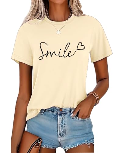Godoboo Camiseta de verano para mujer, algodón, cuello redondo, manga corta, estampada, parte superior, informal, blusa deportiva, delgada, para verano, beige, L