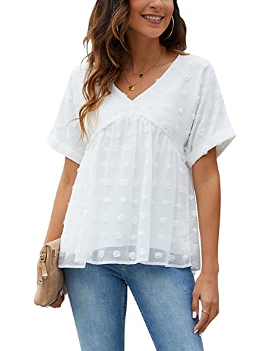 Blooming Jelly Womens Chiffon Blouse Summer Casual Round Neck Short Sleeve Pom Pom Shirts Top