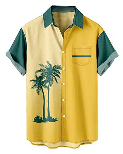 Amoma Casual Coconut Tree Hawaiian Bowling Shirt For Men Button Down Short Sleeve Aloha Shirts(L,07Coconutgreenyellow) #TOP4
