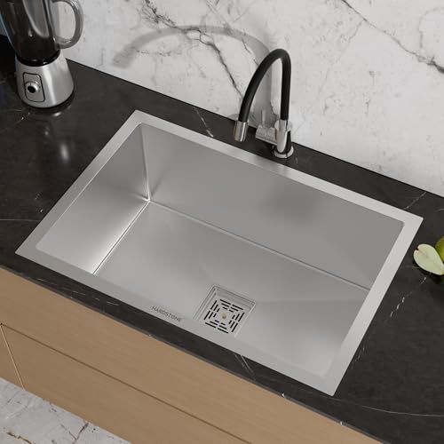 Image of HARDSTONE Premium Kitchen Sink | Single Bowl 24x18x9 Inch | Grade Stainless Steel Matte Finish | Handmade Heavy Duty Wash Basin for Modern Homes | Includes Waste Pipe, Coupling & Basket | Silver