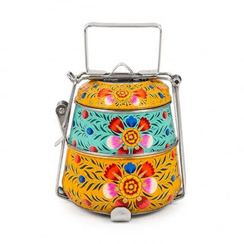 Image of iHandikart Handpainted Decorative Lunch Box Tiffin | Multiple Tier Stainless Steel Food Box | Designer Indian Print Tiffin for School | Diwali Gift, Navratri Gift (Color - Multicolor)