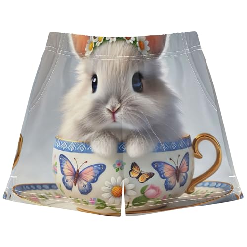 Girls Athletic Shorts Cute Bunny Tea Cup Floral Print Children’s Summer Pajama Sleep Comfy Activewear XS-XL, X-Small
