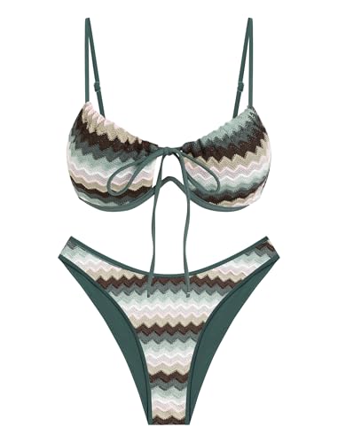 Image of ZAFUL Women High Cut Bikini Sets String Sexy Swimsuit Two Piece Underwire Bathing Suit Brazilian Cheeky Cut Out Cute Swimwear