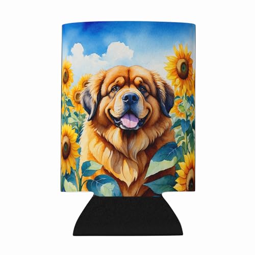 Caroline's Treasures Tibetan Mastiff in Sunflowers Can or Bottle Hugger Cooler Washable Drink Sleeve Collapsible Beverage Insulated Holder, Can Hugger, Multicolor