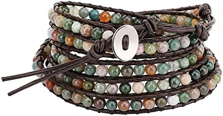 Emibele Layered Leather Bracelet, Rivet Leopard Print Bohemian Style Multilayer Wrap Bracelet, Handmade Agate Chakra Crystal Glass Beaded Shell Bracelet for Women