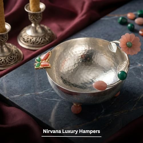 Image of Premium Silver-Plated Hammered Decorative Bowl | Stone Floral & Butterfly Design | Luxury Home Decor & Dry Fruit Serving Centerpiece | 15x12x8 cm | Net Qty: 1