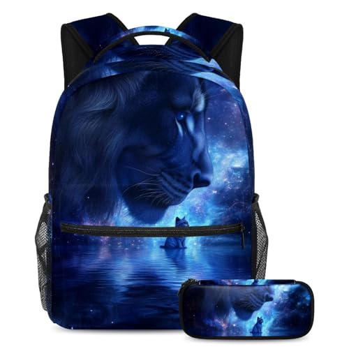 Sac à dos scolaire lion étoilé 2 pièces : grand cartable avec trousse pour ados actifs