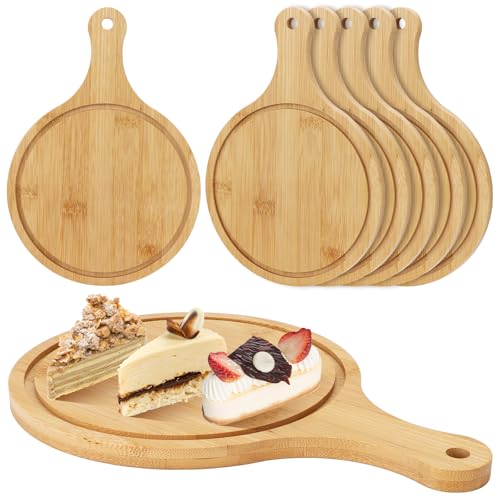 6 Pcs Round Wood Chopping Boards for Kitchen 9.65 Inch Charcuterie Cheese Board with Handle Wood Serving Plate Tray for Pizza Meat Bread Fruits Vegetables