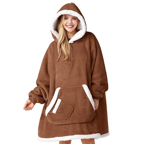 Image of Giggling Getup Wearable Blanket Hoodie for Women Men Gifts for Women Mom Wife Sherpa Fleece Hooded Blanket Sweatshirt Warm Cozy Sherpa Wearable Throw with Pocket & Sleeves for Adult Standard Caramel