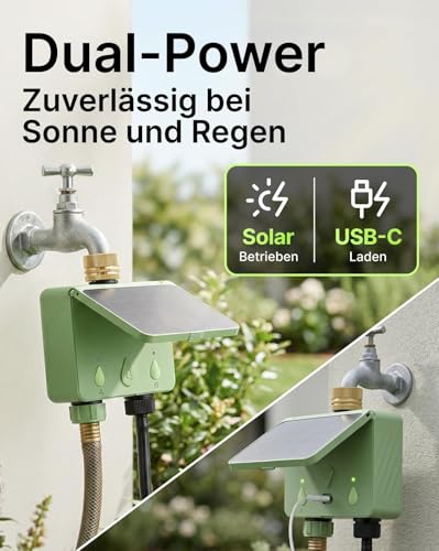 EZAIoT Solar WLAN Bewässerungscomputer für Garten, 2-Wege Smart Bewässerungsuhr mit Durchflussmesser, Kein Hub erforderlich, Messing-Einlass, App & Sprachsteuerung (Alexa/Google), Regenverzögerung
