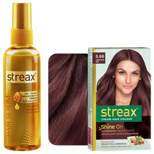 Streax Permanent Hair Colour, 100% Grey coverage, Infused with Argan and Walnut Oil Hair Serum-200 ml Vitalized with Walnut Oil, For Hair Smoothening & Shine, For Dry & Frizzy Hair